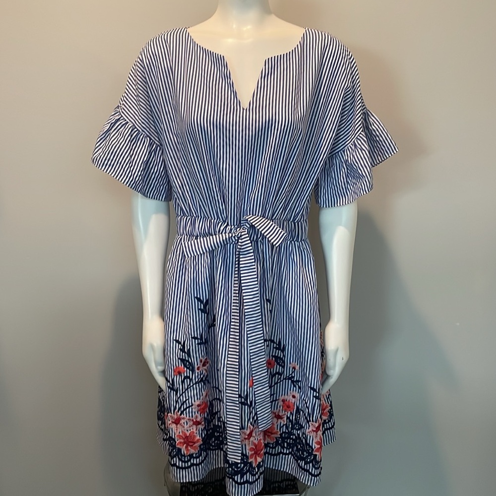 Julia Jordan Striped and Floral Embroidered Short Sleeve Dress Size 14